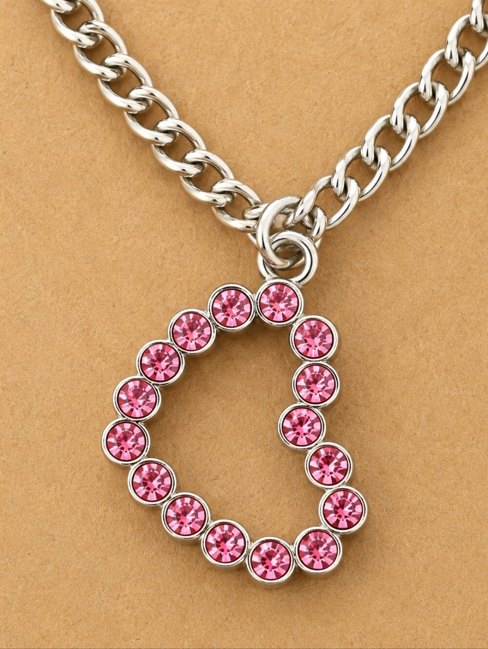 NWT Handmade Silver Chain Pink Rhinestone Open Heart Pendant Necklace Sz 22"